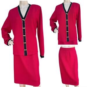 St. John Collection Red & Black Santana Knit Suit Skirt Jkt 12 Skrt 16